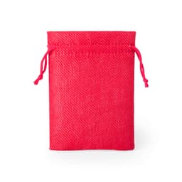 A red drawstring bag made of textured material, featuring a cinch closure and a simple design.