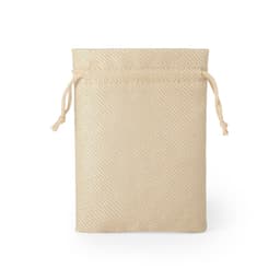 A beige drawstring bag with a textured surface and a matching cord for closure.