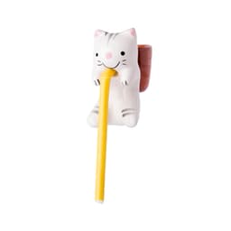 A novelty drink bottle featuring a white cat design, with a yellow straw and a brown backpack-like holder.