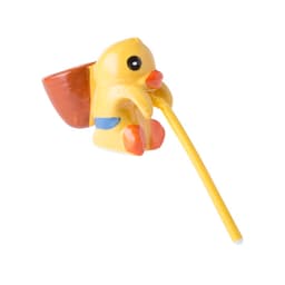 A yellow duck-shaped drink bottle with a straw, featuring blue and orange accents and a playful design.