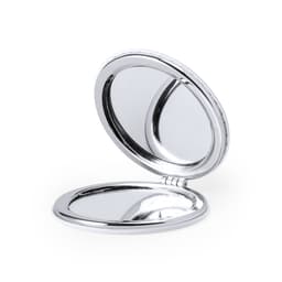 A silver compact mirror with a hinged opening, featuring a reflective surface on both sides.