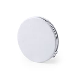 A round, white mirror compact with a smooth surface and a hinge on one side, featuring a logo.