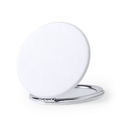 A round mirror with a white exterior and a chrome finish, slightly opened to reveal the reflective surface inside.