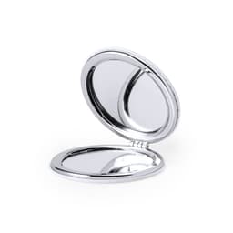 A silver compact mirror with a polished finish, featuring two reflective surfaces within a hinged design.