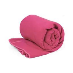 A rolled pink towel with a textured surface, featuring a logo. Suitable for gym and outdoor activities.