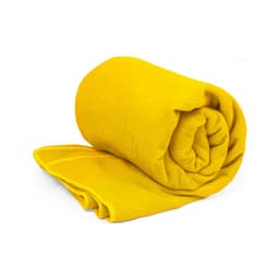 A rolled up yellow towel with a textured surface, featuring a logo on the side.
