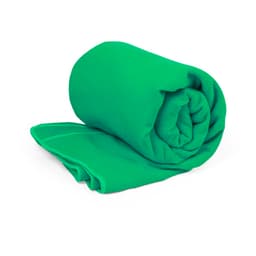 A rolled green towel featuring a smooth texture and a logo on the side, suitable for gym use.
