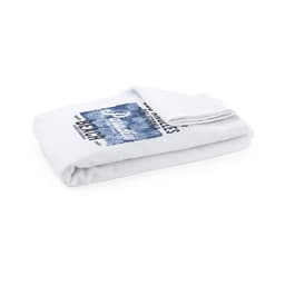 A folded white towel featuring a blue graphic design and logo, categorised as a gym towel.