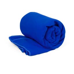 A rolled blue towel with a smooth texture, featuring stitching along the edges and a logo.
