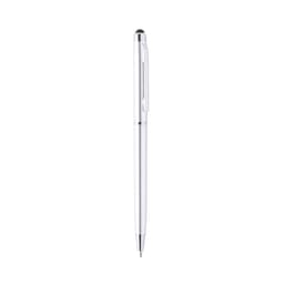 A silver ballpoint pen with a stylus tip and a clip, featuring a polished finish and a subtle branding logo.