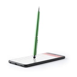 A green Alfil ballpoint pen is resting on a smartphone screen, featuring a sleek design and a branding logo.