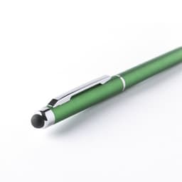 A green ballpoint pen with a stylus tip and a silver clip, featuring a sleek, matte finish.