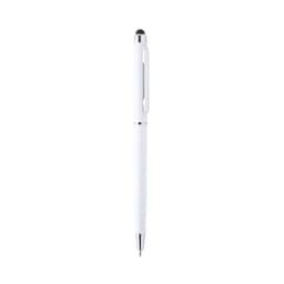 A white ballpoint pen with a stylus tip, featuring a sleek design and a silver clip.