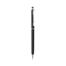 A black ballpoint pen with a stylus tip, featuring silver accents and a branding logo.