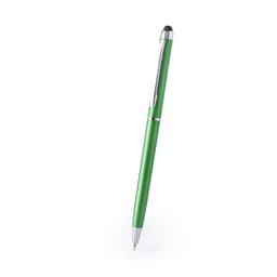 A green ballpoint pen with a shiny silver clip and a stylus tip, featuring a logo on its barrel.