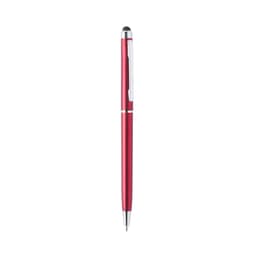 A red ballpoint pen with a silver clip and stylus tip, featuring a logo on the barrel.