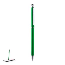 A green Alfil ballpoint pen with a stylus tip, featuring a metallic finish and a clip, displayed beside a tablet.