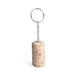 A cork keyring with a silver chain and ring, featuring a natural textured finish.