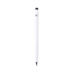 A white ballpoint pen with a stylus tip and a silver clip. The pen features a logo on its surface.