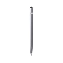 A silver ballpoint pen with a stylus tip and a simple design. The pen features a branding logo near the top.