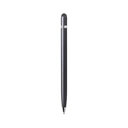A sleek black ballpoint pen with a silver band and a stylus tip, featuring a logo on the upper section.