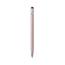 A sleek, rose gold ballpoint pen with a stylus tip and chrome accents, featuring a logo.