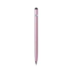 A pink ballpoint pen with a stylus tip and silver detailing, featuring a branding logo.