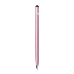 A pink ballpoint pen with a stylus tip and a silver clip, featuring branding on the body.