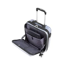 A wheeled travel bag in light blue, featuring multiple compartments and a retractable handle. It has a logo on the front.