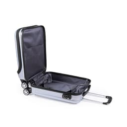A wheeled trolley bag in light grey with an open compartment and black interior, featuring dual wheels and a handle.