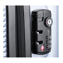 A black combination lock is attached to the zipper of a blue wheeled bag, featuring a smooth surface.