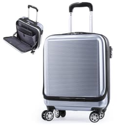 A silver wheeled bag with a textured surface and retractable handle, featuring an open compartment inside.