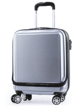 A silver wheeled trolley bag with a striped design and a retractable handle, featuring four wheels for easy movement.