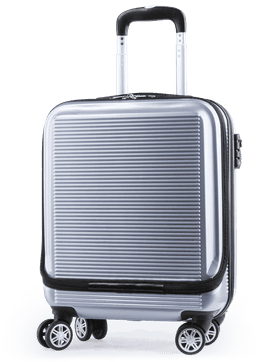 A silver wheeled bag with a textured surface and a retractable handle, featuring four wheels for mobility.