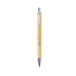 A wooden pen in a light bamboo finish, featuring silver accents and a metal clip. It has a branding logo.