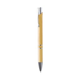 A wooden pen in a natural bamboo finish with chrome accents and a polished tip, featuring a branding logo.