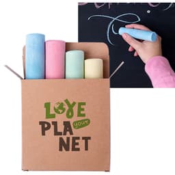 A box of colourful chalk sticks in pastel shades, with a hand drawing on a black chalkboard. It includes branding.