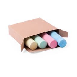 A cardboard box partially open, containing four pastel-coloured chalk sticks: yellow, green, pink, and blue.
