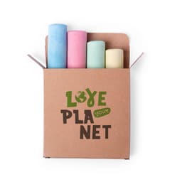 A cardboard box featuring pastel-coloured chalk sticks in pink, blue, and green, with a logo on the box.