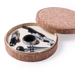 A wine accessory set in a round cork container, featuring a corkscrew, stopper, pourer, and other tools in silver and black.