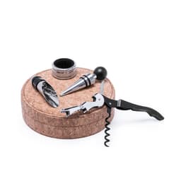A wine accessory set featuring a corkscrew, pourer, stopper, and foil cutter, presented in a round cork box.