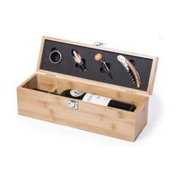 A wooden wine gift box with a bottle of red wine and accessories, including a corkscrew and wine stopper.