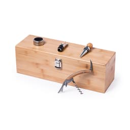 A bamboo wine box featuring a corkscrew, wine stopper, pourer, and a round wooden handle.