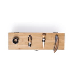A bamboo wine accessory set featuring a corkscrew, pourer, stopper, and collar. Includes a wooden handle and has a branded logo.