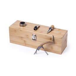 A bamboo drink holder with a corkscrew, pourer, and stopper. Features a sleek design with a natural finish.