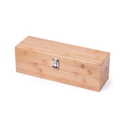 A bamboo storage box with a metal clasp, featuring a natural wood finish and a rectangular shape.
