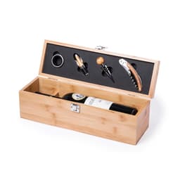 A wooden wine box containing a bottle of wine and accessories including a corkscrew, pourer, and stopper.