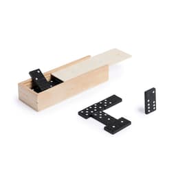 A wooden box containing black dominoes, with several pieces displayed outside the box. The box has a lid.