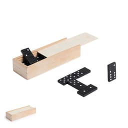 A wooden box containing black dominoes, with a sliding lid and several domino pieces displayed around it.