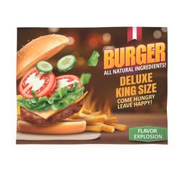A colourful promotional placemat featuring a king-size burger with lettuce, tomato, and cucumber, surrounded by fries.